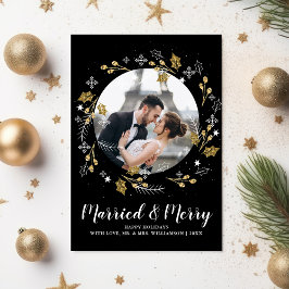 メリー結婚したクリスマス写真金ゴールド植物学 シーズンカード