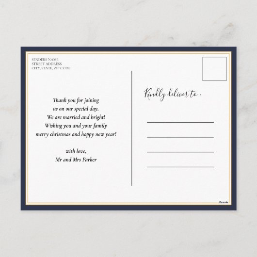 メリー結婚したモダンBlue Script Photo Chrimas シーズンポストカード (裏面)