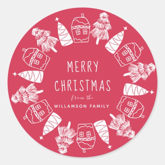 メリー赤と白クリスマスカスタム封筒用シール ラウンドシール (正面)