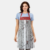 メリー赤と白クリスマス(鳥)ショウジョウコウカンチョウバード樺の木 エプロン (着用した状態)