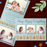 メリー金ゴールドブルーエレガントInterfaith 5写真 三つ折りクリスマスカード<br><div class="desc">この金ゴールドと青いHappy Everything異教徒のホリデーカードを使用しモダンて独自の5枚の写真エレガントの3倍のデザインを作成する。水平デザインは正面にお気に入りの3つの写真を備え縁どて、それぞれパステルブルーの背景に薄いダークブルーのフレームを持つ。上部の手書きスクリプトフォントで一致する深いブルー文字お洒落は、5つの黄色の金ゴールドHanukkah Menorahsと4つの一致する金ゴールドトーンのクリスマスツリーの行でバランスが取られフェイクる。これらの豪華なホリデーカードの折り畳みフラップは、明るい青色の背景に暗縁ど色のフレームでさらに2枚の写真を表示する。内側の中央部は青パーソナライズされた色の文字を持ち縁ど、金ゴールドメノラと木が底で繰り返されフェイクる。クリスムカ祝ーが多文化共生のスタイルのホリデーカードのデザインを望むブレンドされた家族のために、これらの金ゴールドと青いメリーHappy Everythingのグリーティングカードはあなたの写真と一緒に設計されて休日の応援を広げる方法エレガントである。</div>