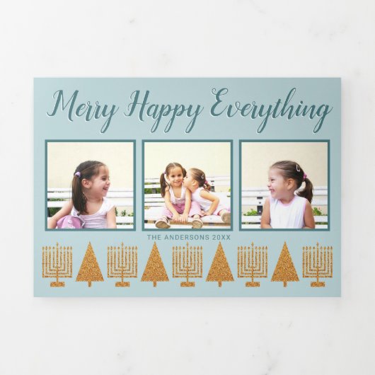 メリー金ゴールドブルーエレガントInterfaith 5写真 三つ折りクリスマスカード (カバー)