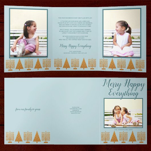 メリー金ゴールドブルー異教徒エレガント3枚の写真 三つ折りクリスマスカード