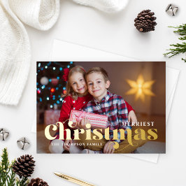 メリー金ゴールド文字付きスタイリッシュChristmas Photo 箔シーズンカード