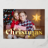 メリー金ゴールド文字付きスタイリッシュChristmas Photo 箔シーズンカード (正面)