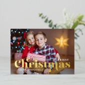 メリー金ゴールド文字付きスタイリッシュChristmas Photo 箔シーズンカード (立ち正面)