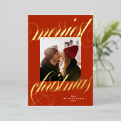 メリー金ゴールド書道赤い写真 箔シーズンカード (立ち正面)