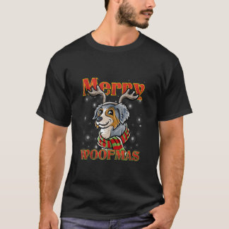 メリー・ウーフマス オーストラリアン・シェパード トナカイ 犬 クリスマス Tシャツ