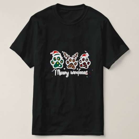 メリー・ウーフマス・ドッグ・パウ・クリスマスデザイン Tシャツ (デザイン正面)