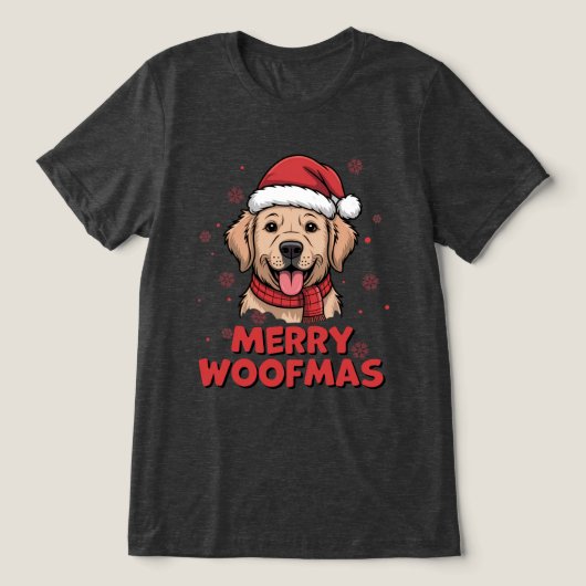 メリー・ウーフマス - 可愛いサンタの犬とクリスマス トライブレンドTシャツ (デザイン正面)