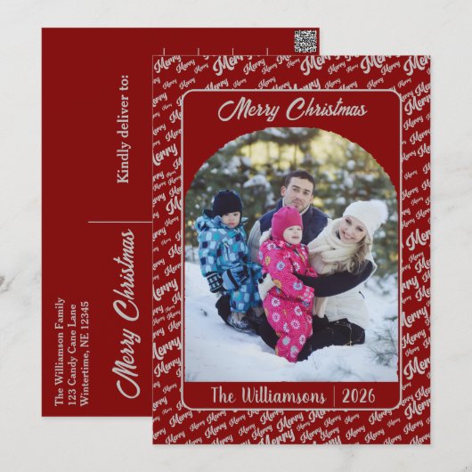メリー・クリスマス タイポグラフィー クリスマス家族写真 赤 シーズンカード (正面/裏面)