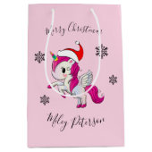 メリー・クリスマス・ユニコーン&雪パーソナライズされた片 ミディアムペーパーバッグ (正面)