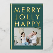 メリー・ジョリー・ハッピー ファミリーフォト クリスマス ゴールド 箔シーズンカード (正面)