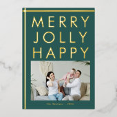 メリー ジョリー ハッピー ファミリー フォト クリスマス ゴールド 箔シーズンカード (正面)