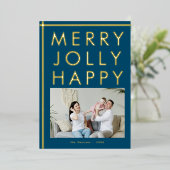 メリー・ジョリー・ハッピー・ブルー ファミリー フォト クリスマス ゴールド 箔シーズンカード (立ち正面)