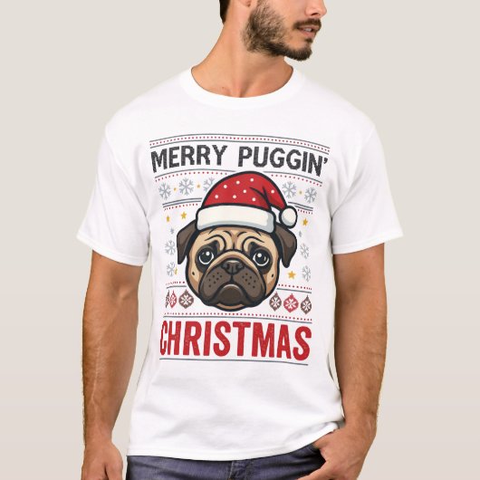 メリー・パグイン・クリスマスパグデザイン Tシャツ (正面)