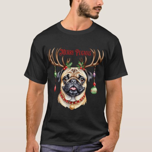 メリー・パグマス クリスマスパグ犬 Tシャツ (正面)