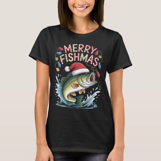 メリー・フィッシュマス サンタ 釣り好き おもしろ 漁師 Tシャツ (正面)