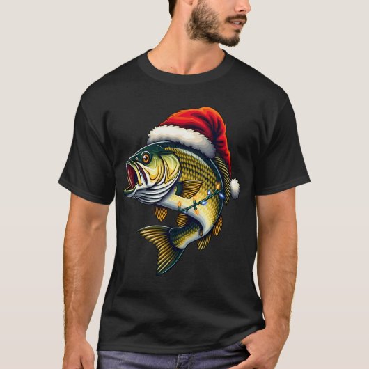 メリー・フィッシュマス サンタ 釣り好き おもしろ 釣り人 Tシャツ (正面)