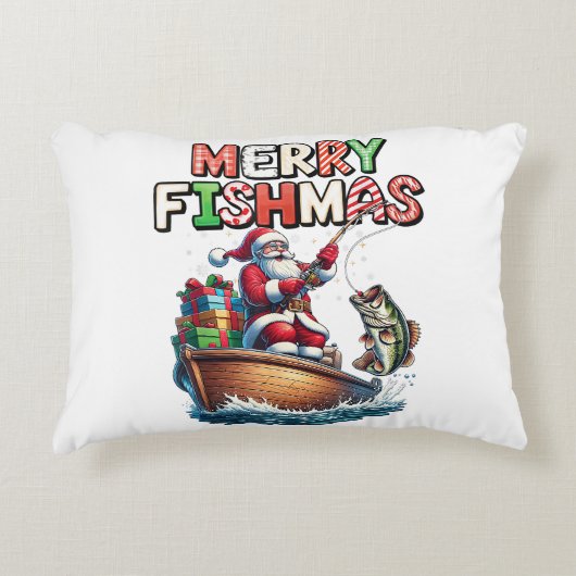メリー・フィッシュマス サンタ 釣り好き 釣り人 クリスマス 魚 アクセントクッション (正面)