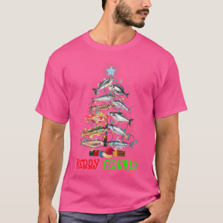 メリー・フィッシュマス 楽しいクリスマスツリーのイルミネーション 魚 F Tシャツ
