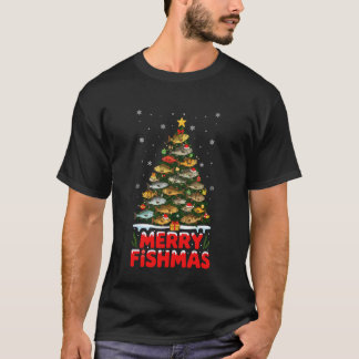 メリー・フィッシュマス 楽しいクリスマスツリーライト 魚 釣り Tシャツ