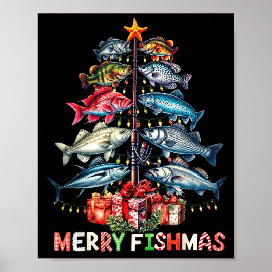 メリー フィッシュマス 面白い クリスマス ツリー ライト 釣り ポスター (正面)