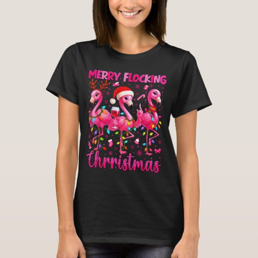 メリー・フロッキング・クリスマス・フラミンゴ・ドリンク・PJs Xmas M Tシャツ (正面)