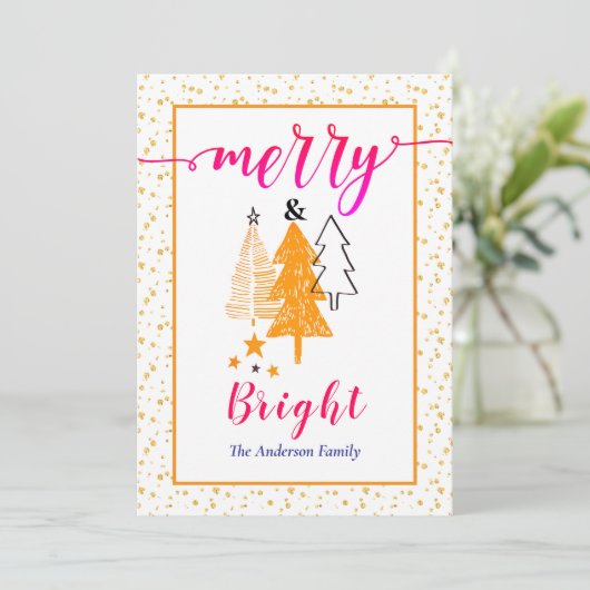 メリー&ブライトオレンジ色のセリーズピンクのクリスマス シーズンカード (スタンド正面)