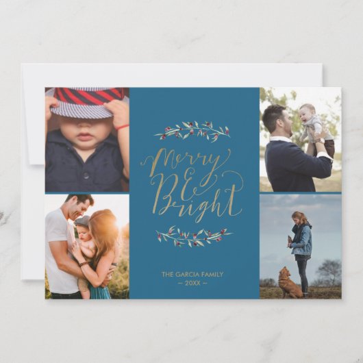 メリー&ブライトティール(緑がかった色)ファミリーフォトコラージュクリスマス シーズンカード (正面)