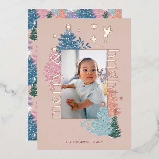 メリー&ブライトパステルクリスマスツリーフォレストフォト 箔シーズンカード (正面/裏面)