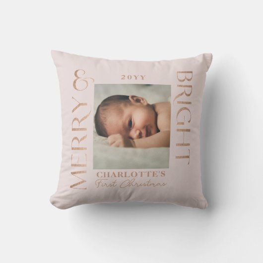 メリー&ブライトピンクベビー初めてのクリスマス写真 クッション (正面)