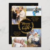 メリー&ブライトフォトコラージブラック金ゴールドクリスマス シーズンカード (正面/裏面)