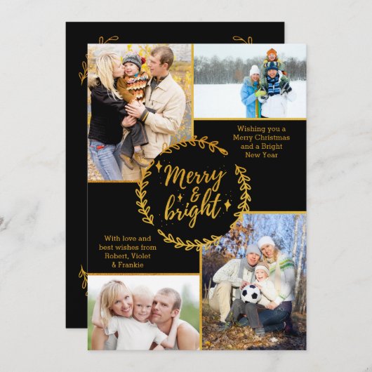 メリー&ブライトフォトコラージブラック金ゴールドクリスマス シーズンカード (正面/裏面)