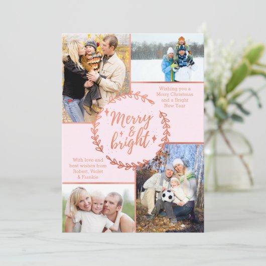 メリー&ブライトフォトコラージュバラ金ゴールドクリスマス シーズンカード (スタンド正面)