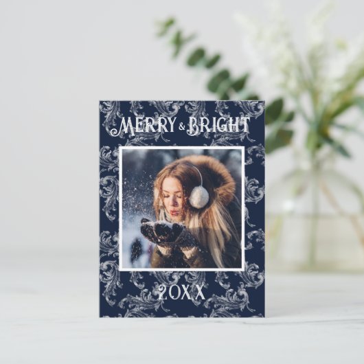 メリー&ブライトフォトネイビーブルーホリデー シーズンポストカード (スタンド正面)