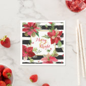 メリー&ブライトポインセティアス、ブラックストライプ スタンダードカクテルナプキン (インサイチュ)