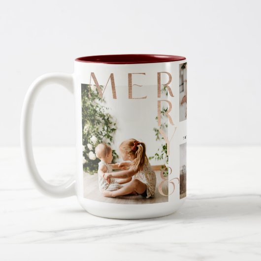 メリー&ブライトモダンフはっきりしたァミリ写真コラージュ ツートーンマグカップ (左)