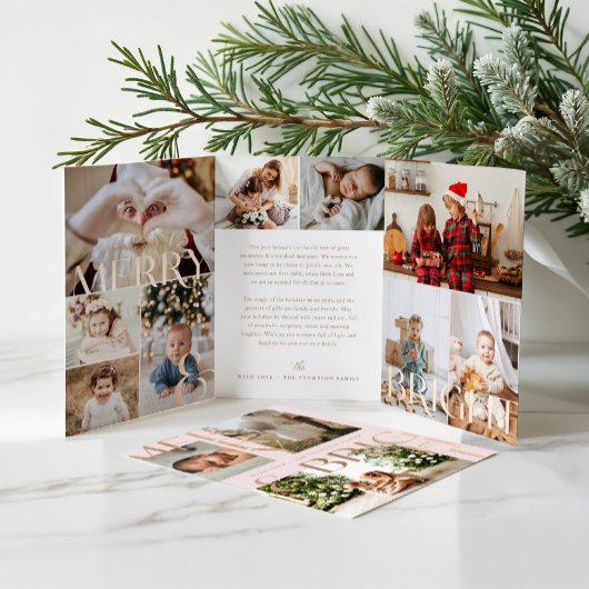 メリー&ブライトモダンフはっきりしたァミリ写真コラージュ 三つ折りクリスマスカード