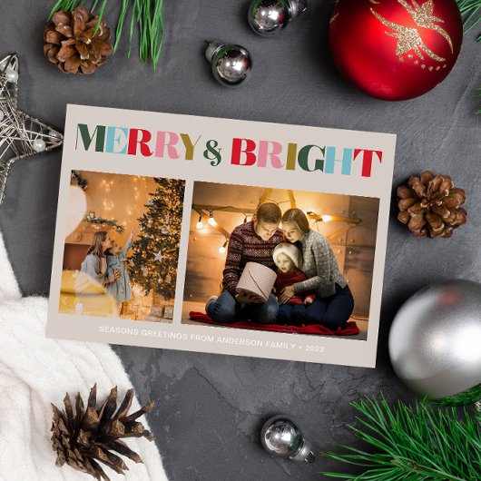 メリー&ブライトレトロカラフル2枚フォトクリスマス シーズンカード