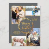 メリー&ブライト4フォトコラージグレイ金ゴールドクリスマス シーズンカード (正面/裏面)