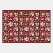 メリー&ブライト4枚の写真クリスマスレッドバッファロープレイド ラッピングペーパーシート (正面3)