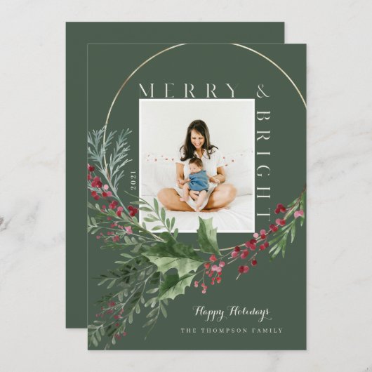 メリー&ブライト・ウォーター・カラー・グリーン・リース写真 シーズンカード (正面/裏面)