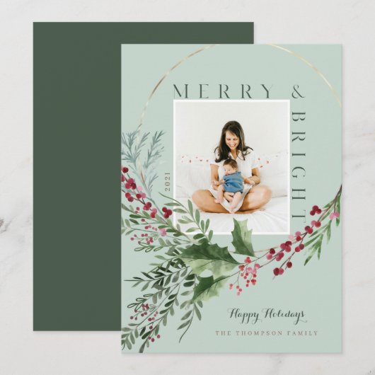 メリー&ブライト・ウォーター・カラー・グリーン・リース写真 シーズンカード (正面/裏面)
