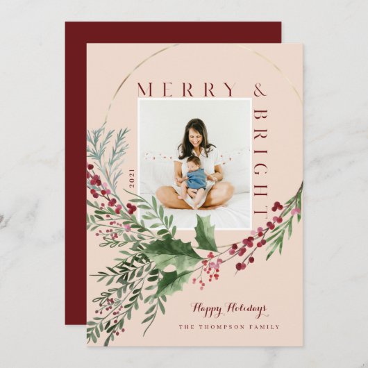 メリー&ブライト・ウォーター・カラー・グリーン・リース写真 シーズンカード (正面/裏面)