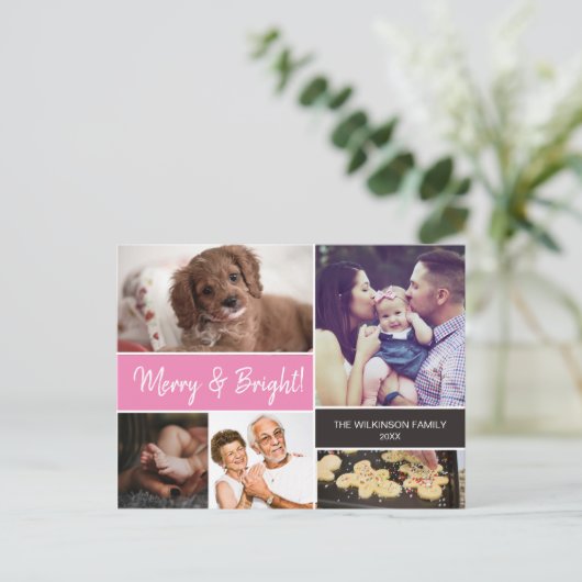 メリー＆ブライト ファミリーフォトコラージュ ピンクのクリスマス シーズンポストカード (スタンド正面)