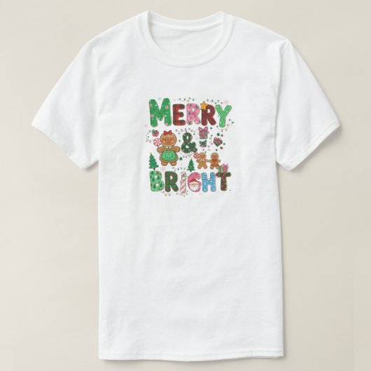 メリー&ブライト、祭りのクリスマス休日デザイン Tシャツ (デザイン正面)