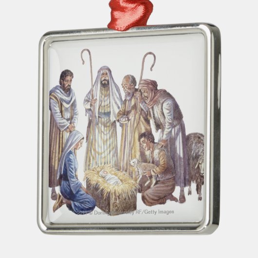 メリー、ベビーイエス・キリストを囲んでいるヨセフおよび羊飼い メタルオーナメント (左)