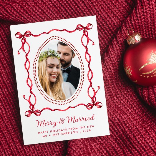 メリー・マリッジ・リボン 新婚のクリスマスフォト シーズンカード