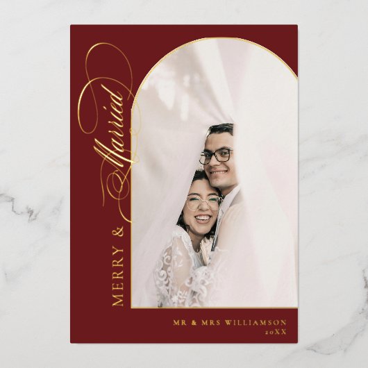 メリー＆マリード エレガント スクリプト レッド アーチ フォト 箔シーズンカード (正面)